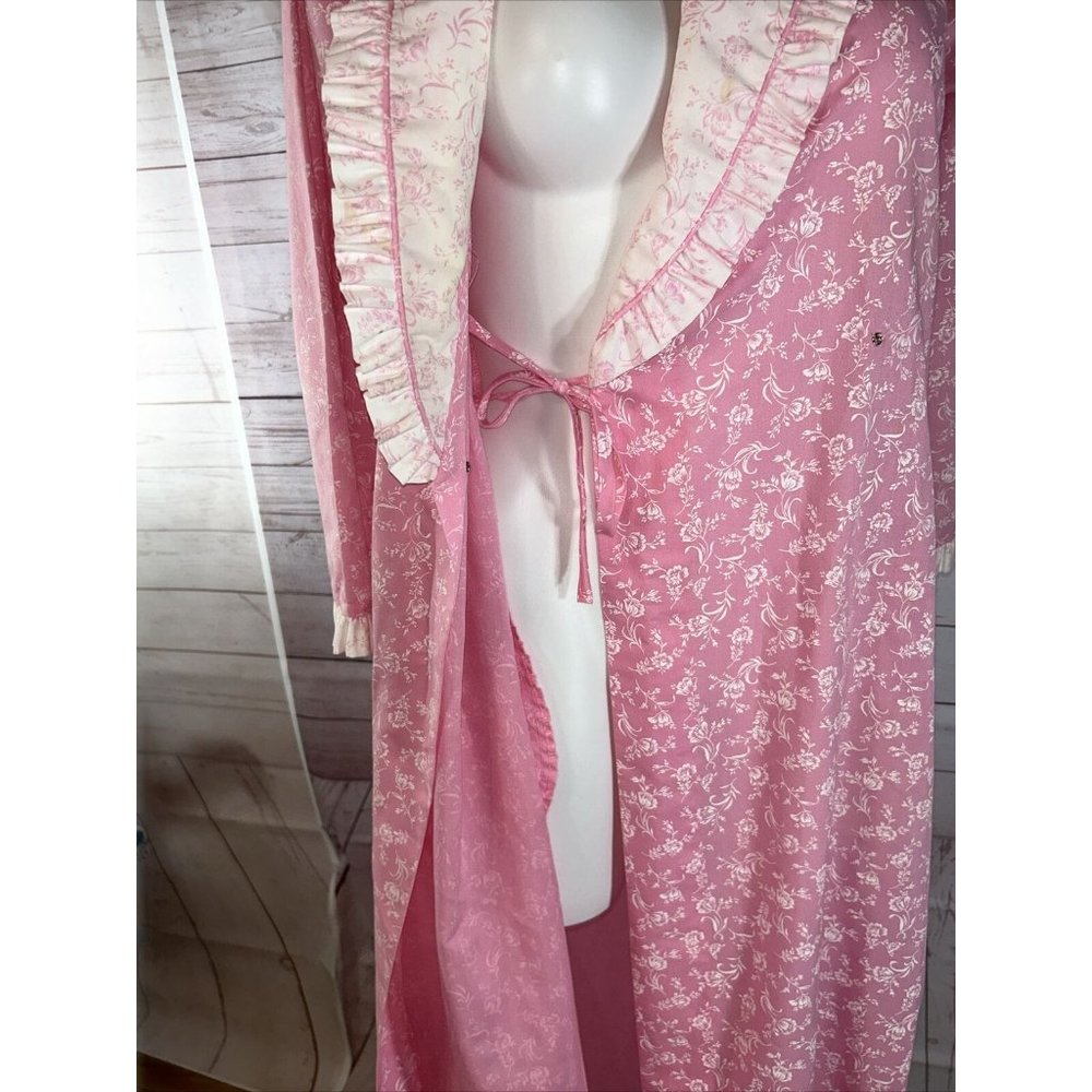 Vintage Leisure Life Long Pink white floral Robe Slash Pockets Dressing Gown USA - Picture 7 of 11